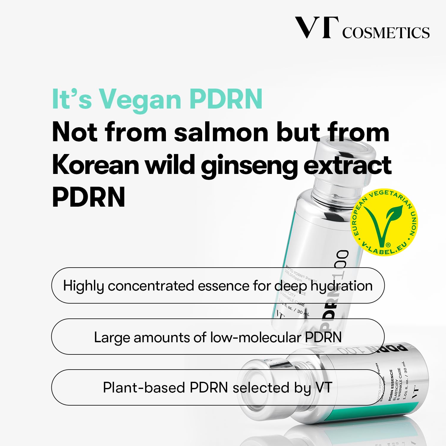 VT COSMETICS PDRN 100 Essence, Korean Gingseng Plant-derived PDRN Serum for Natural Glow, Korean skincare 1.01 fl. Oz.